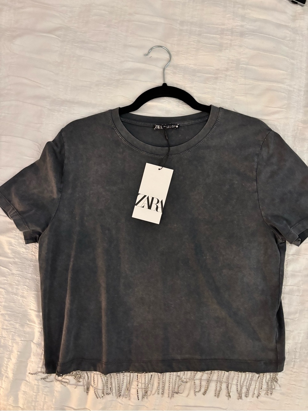 Zara Black Washed Cropped Tee with Bead Fringe